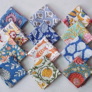Assorted Cotton Cloth Napkins, 100-Piece Mix-and-Match Block-Print Dinner Napkin Set