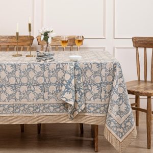 Dusty Blue Block-Print Tablecloth for Dining, Party and Event Tables, Boho Kitchen Linen