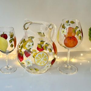Fruit-Pattern Glass Pitcher and Wine Glass Set