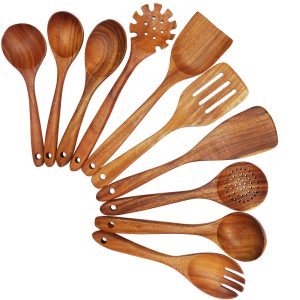 10-Piece Teak Wood Cooking Utensil Set with Spatulas and Spoons