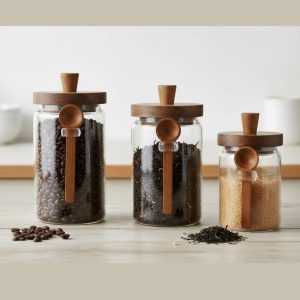 3-Pack Glass Containers with wooden spoons and airtight lids for pantry essentials