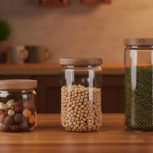 Airtight Glass Pantry Jar with Wooden Lid , Kitchen Storage Canister S M L , Farmhouse Organization , Minimalist Home Decor Gift