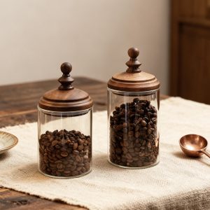 Farmhouse Canister,Glass Coffee Bean Container, Walnut Wood Lid, Kitchen Storage Jar