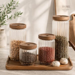 Glass Storage Jar with Wooden Lid, Borosilicate Glass Canister, Pantry Storage Container.