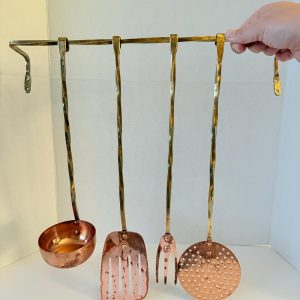 Twisted Brass and Copper Kitchen Utensil Set with Wall Rack