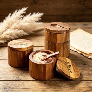 Wooden Salt Cellar with Magnetic Lid and Spoon