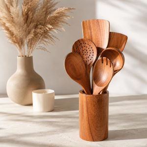 7-Piece Teak Wood Kitchen Utensil Set for Nonstick Cookware