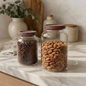 Large Airtight Glass Storage Jar with Wood Lid, Kitchen Pantry Canister for Coffee Beans, Flour & Sugar, Home Organizer 1.2L 2L 2.8L