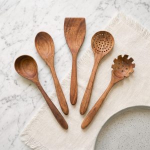 Acacia Wood Kitchen Utensil Set of 5 with Cooking Spoons and Spatula