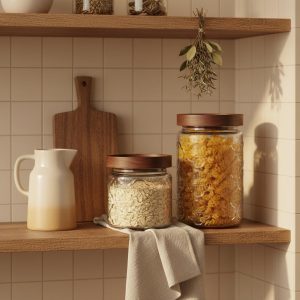 Embossed Glass Storage Jar with Wood Lid, Begonia Flower Canister, Airtight Kitchen Pantry Jar, Farmhouse Sealed Container.