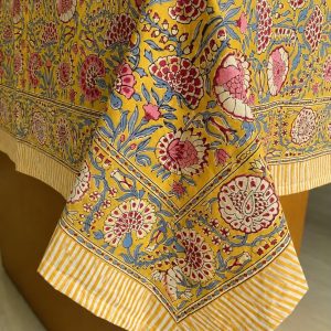 Classic 100% Cotton Block-Print Tablecloth, Square, Rectangle or Round, with Napkin, Placemat or Runner Options