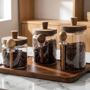Wooden-Lid Glass Coffee Canister Set with Scoop, Airtight Coffee Bean Storage Jars