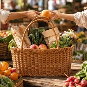 Woven Wicker Market Basket with Handles, Natural Straw Grocery Tote and Picnic Basket, Fruit and Vegetable Storage