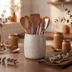 Speckled Ceramic Utensil Holder, Minimalist Kitchen Crock and Spoon Organizer