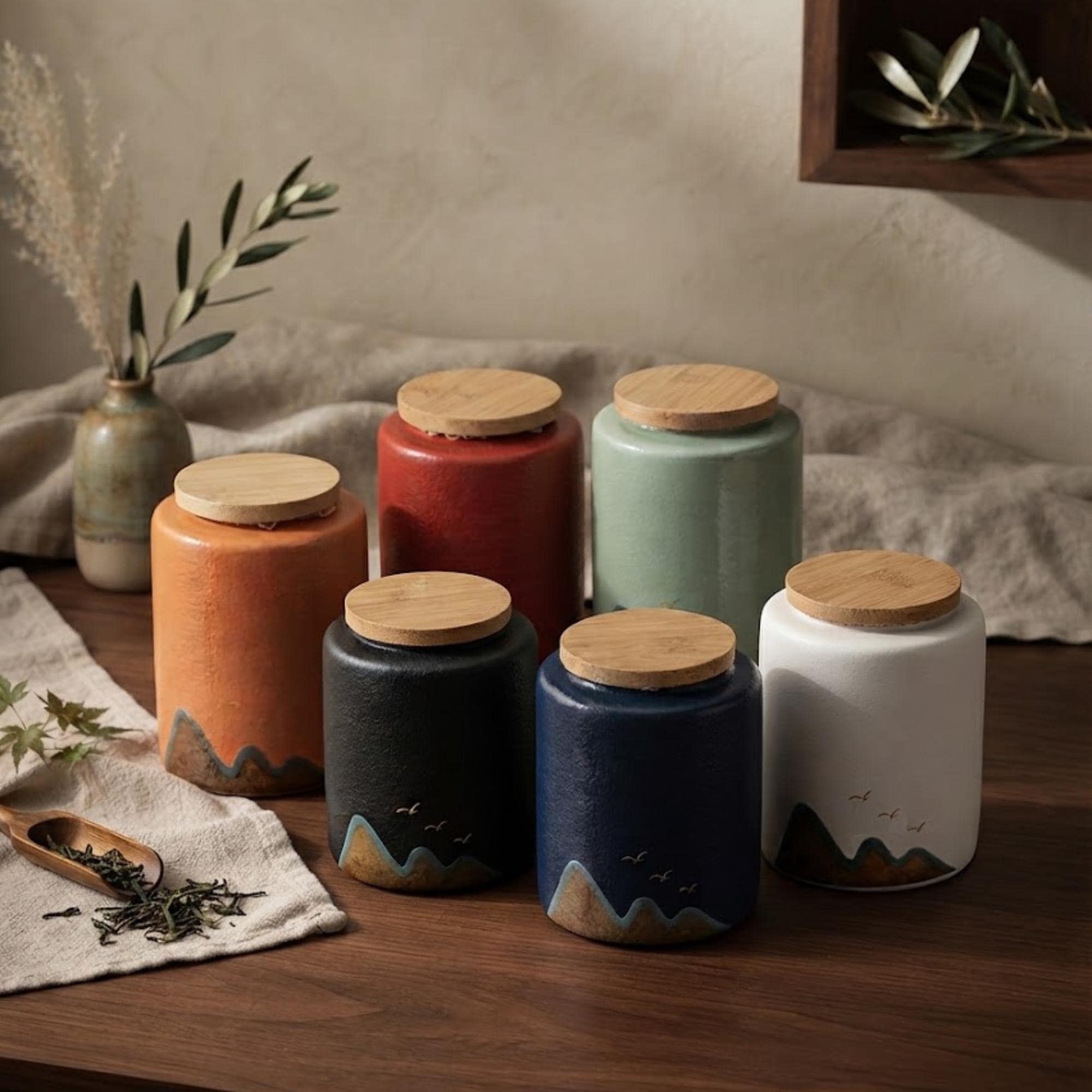 Ceramic Kitchen Canister with Bamboo Lid for Tea, Coffee and Sugar Storage