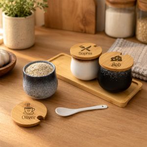 Ceramic Spice Jar Set with Wooden Lids