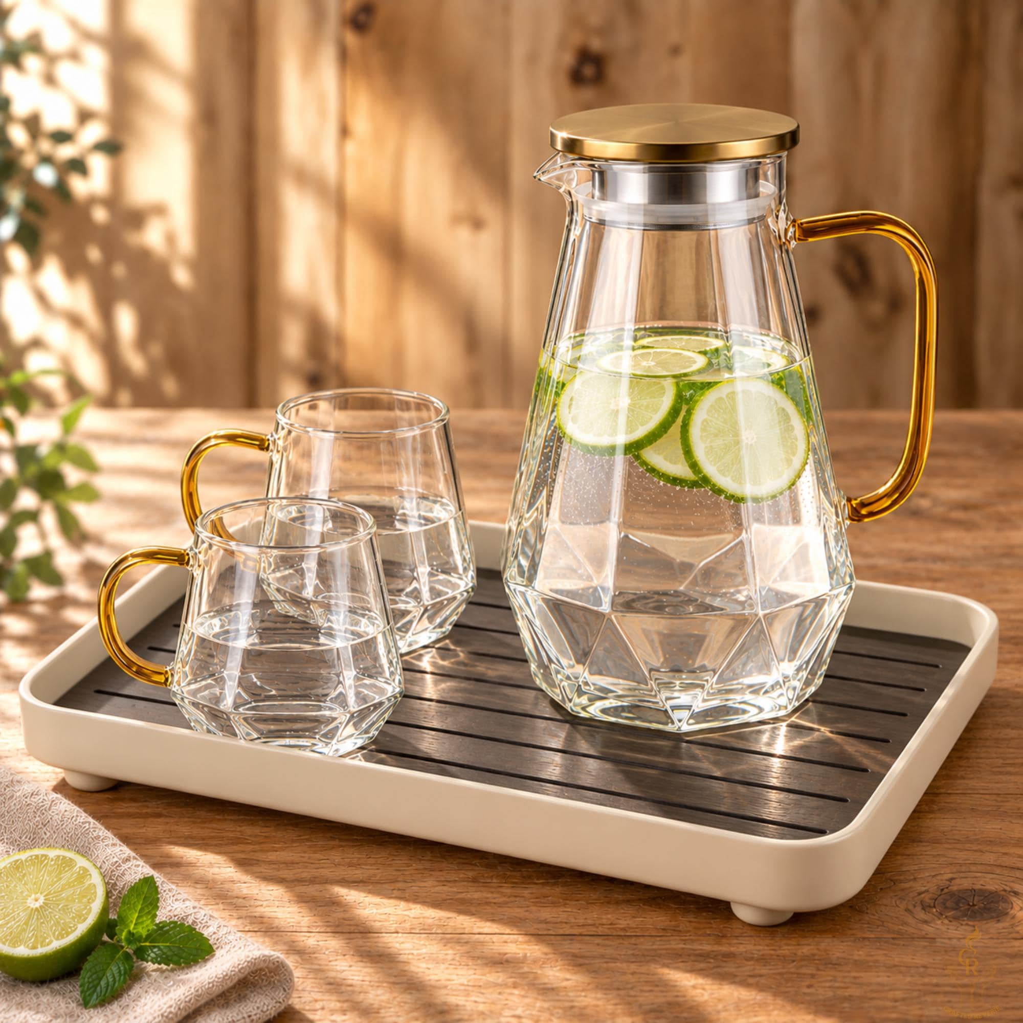 1.5L Diamond-Pattern Glass Pitcher with Gold-Tone Lid and Handle - Image 4