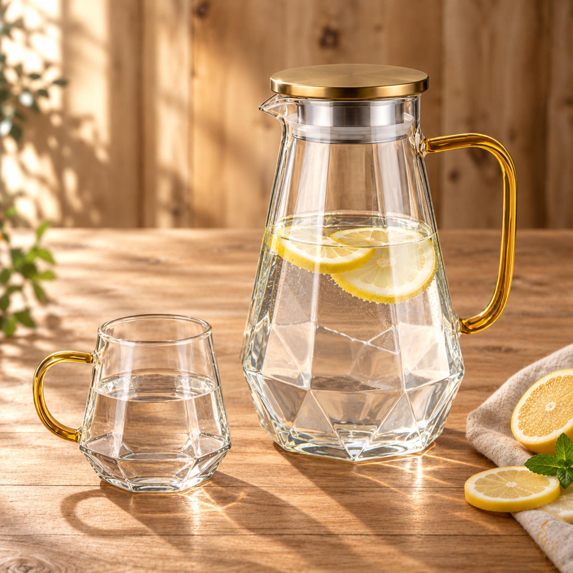1.5L Diamond-Pattern Glass Pitcher with Gold-Tone Lid and Handle - Image 6