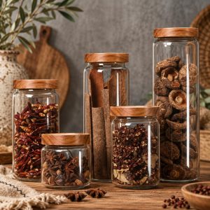 Glass Storage Jars with Wooden Lids, Airtight Pantry Containers, Kitchen Food Storage Jars, Spice Coffee Pasta Organizer